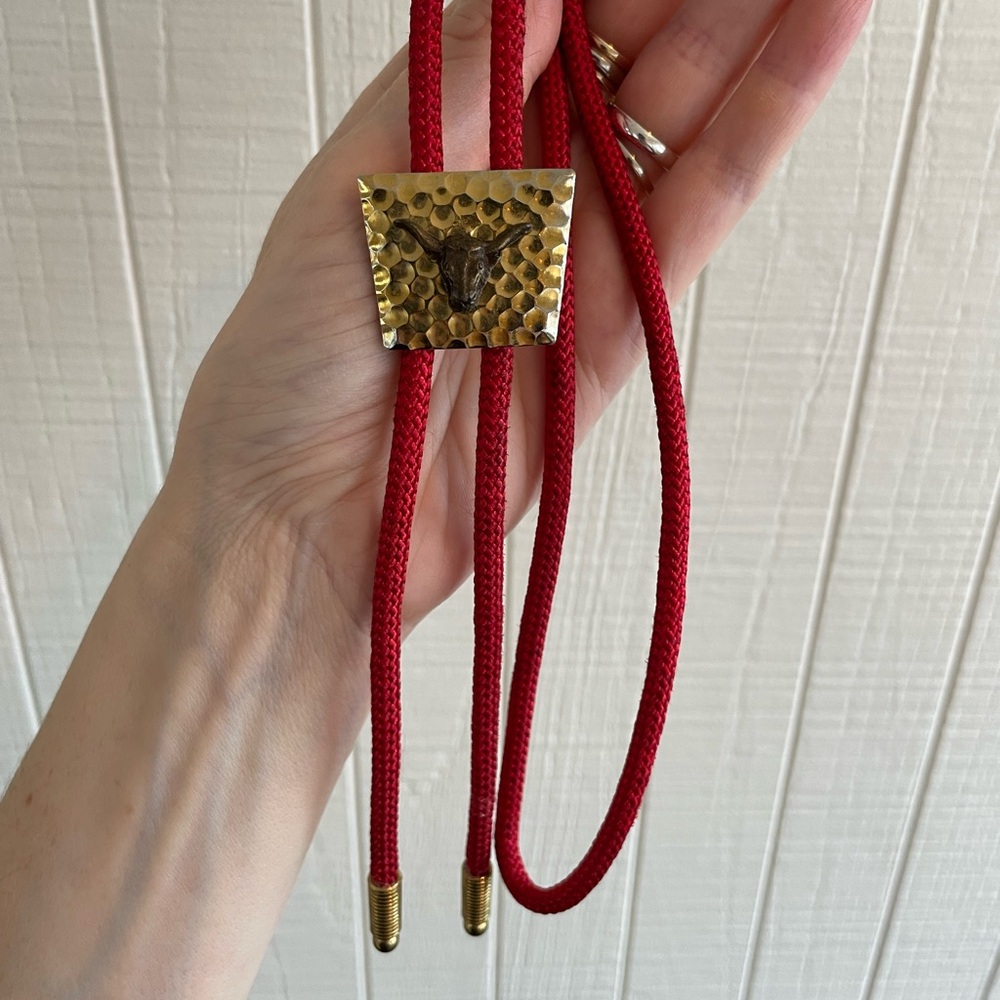 Vintage Western Red Bolo Tie with Brass & Silver Longhorn Accent Charm